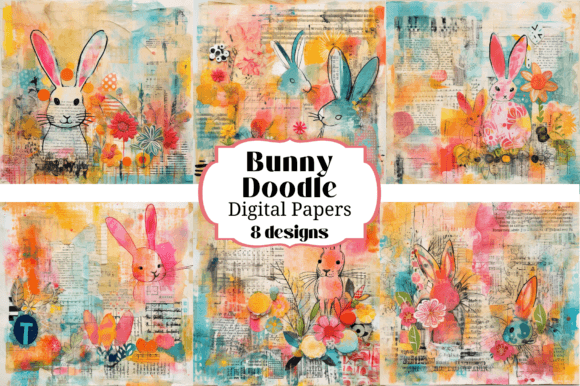 8 Bunny Doodle Digital Paper Backgrounds for Creative Projects