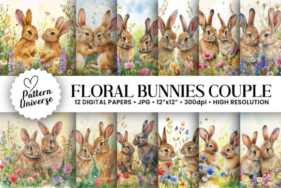 Charming Floral Bunnies Couple Backgrounds for Creative Projects