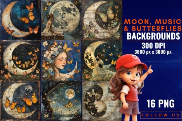 Enchanting Moon, Music & Butterflies Backgrounds